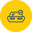 A blue outline of a covered food tray with a checkmark on top, set against a yellow circular background.