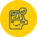 Blue line drawing of a car door with a shield and checkmark icon on a yellow circular background, suggesting car safety or insurance.