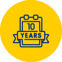 A blue outline of a calendar with a ribbon reading 10 YEARS inside, set against a bright yellow circular background.