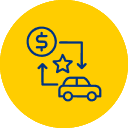 Blue line drawing of a car, a dollar sign, and a star with arrows connecting them, on a yellow circular background. Symbolizes car-related financial or reward transactions.