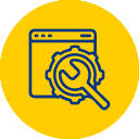A blue outline of a web browser window and a gear with a wrench inside it, representing website or technical maintenance, on a yellow circular background.
