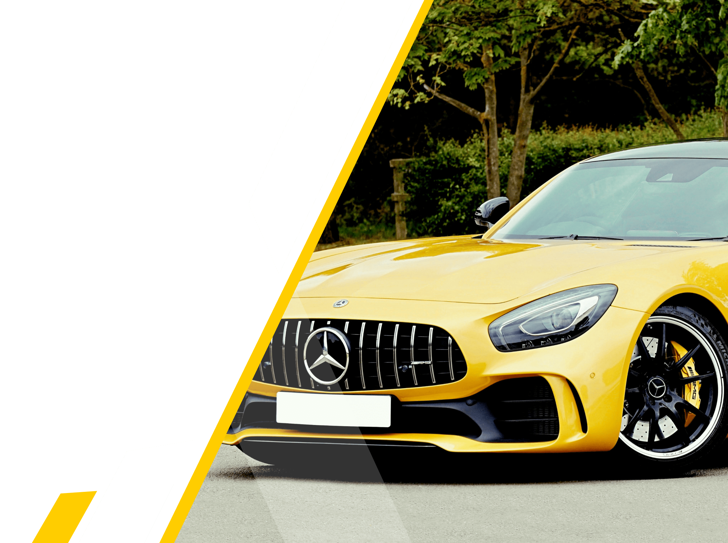 A yellow Mercedes-Benz sports car is parked outdoors near trees, partially framed by white and yellow geometric shapes on the left side of the image.