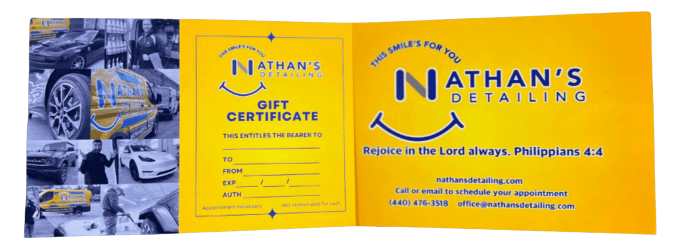 An open Nathans Detailing gift certificate features yellow and blue branding, photos of cars being detailed, and contact info. The right panel displays a Bible verse: Rejoice in the Lord always. Philippians 4:4.