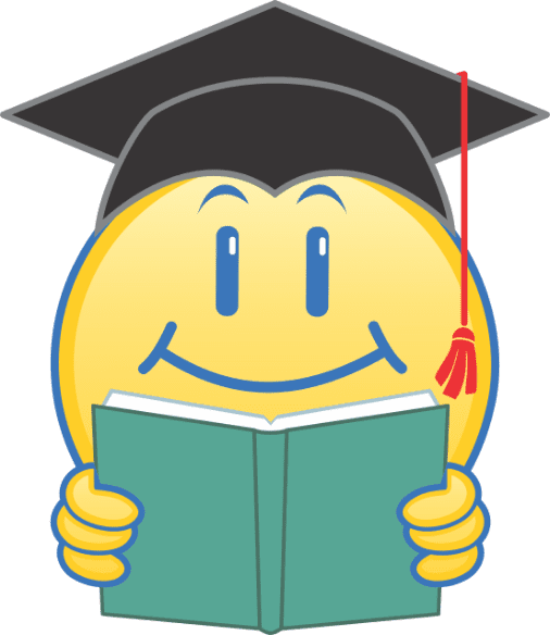 A smiling yellow emoji wearing a graduation cap and holding an open book.