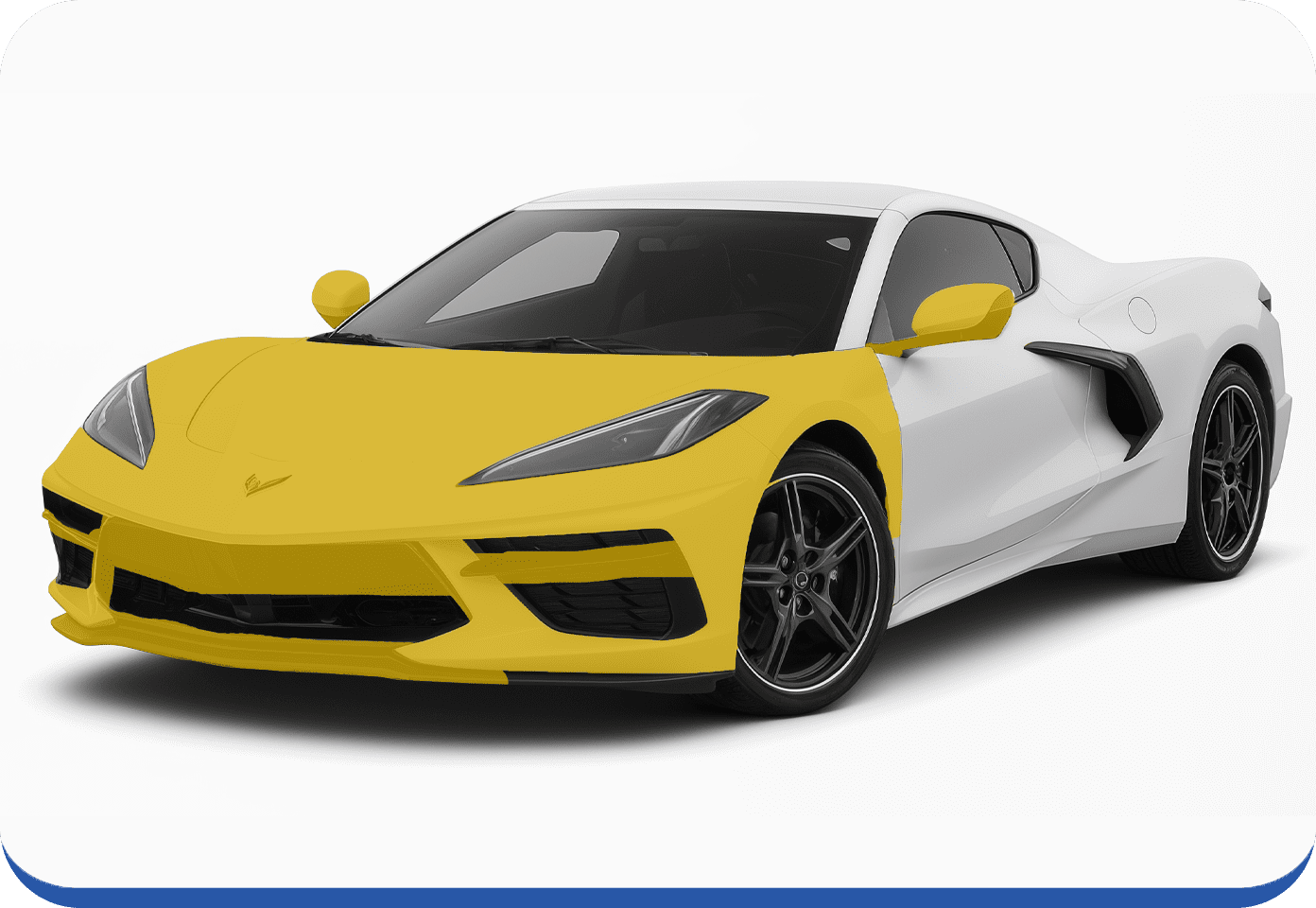 A sports car, primarily white with yellow accents on the front, hood, mirror, and door panel, is parked on a plain white background. The car features sleek lines, black wheels, and a modern design.