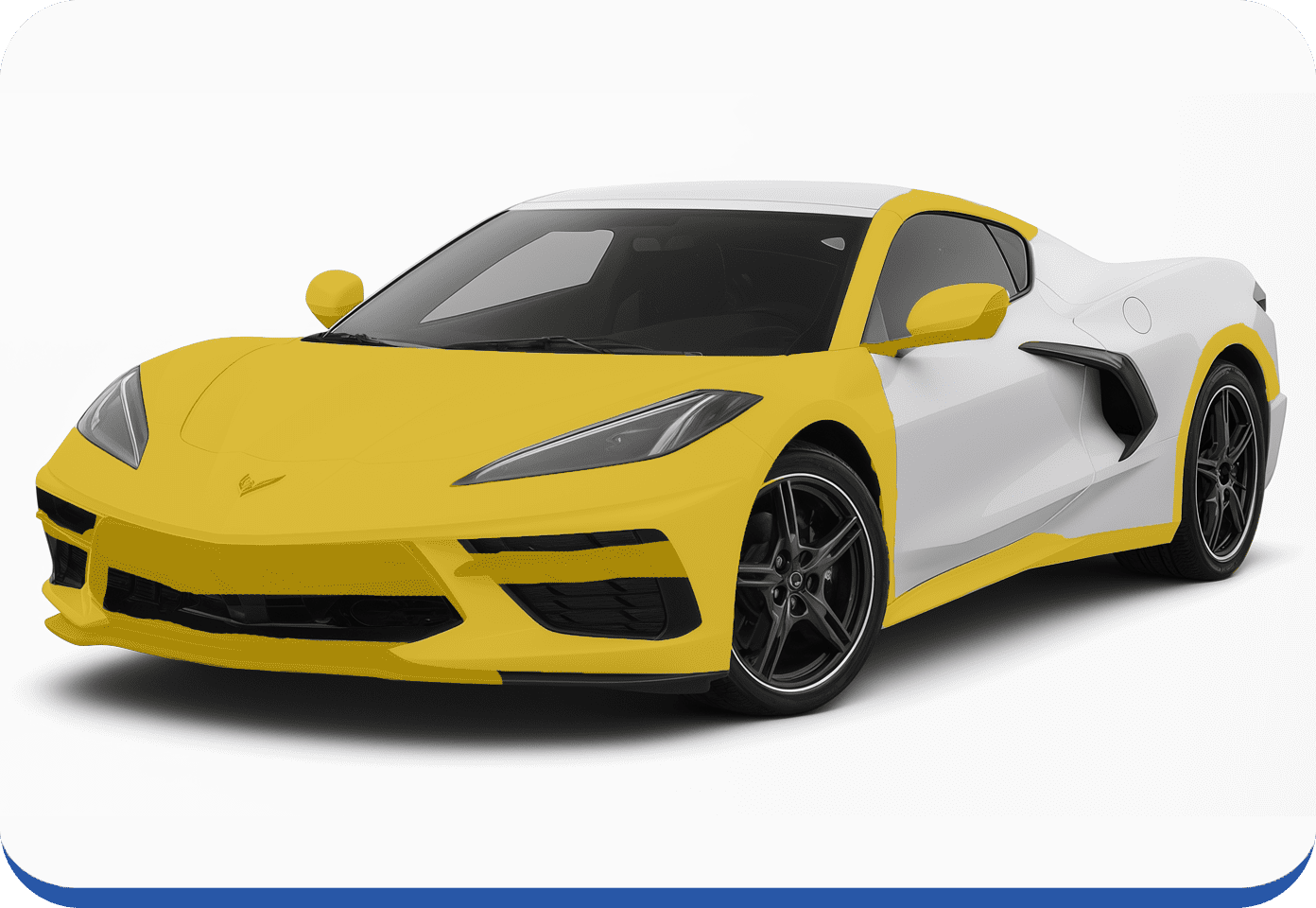 A sleek sports car with a yellow front and side panels, and a white roof and rear, parked on a white background. The car has black wheels and a modern, aerodynamic design.