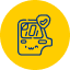 A blue outline of a car door with a heart in a speech bubble above it, set against a yellow circular background.