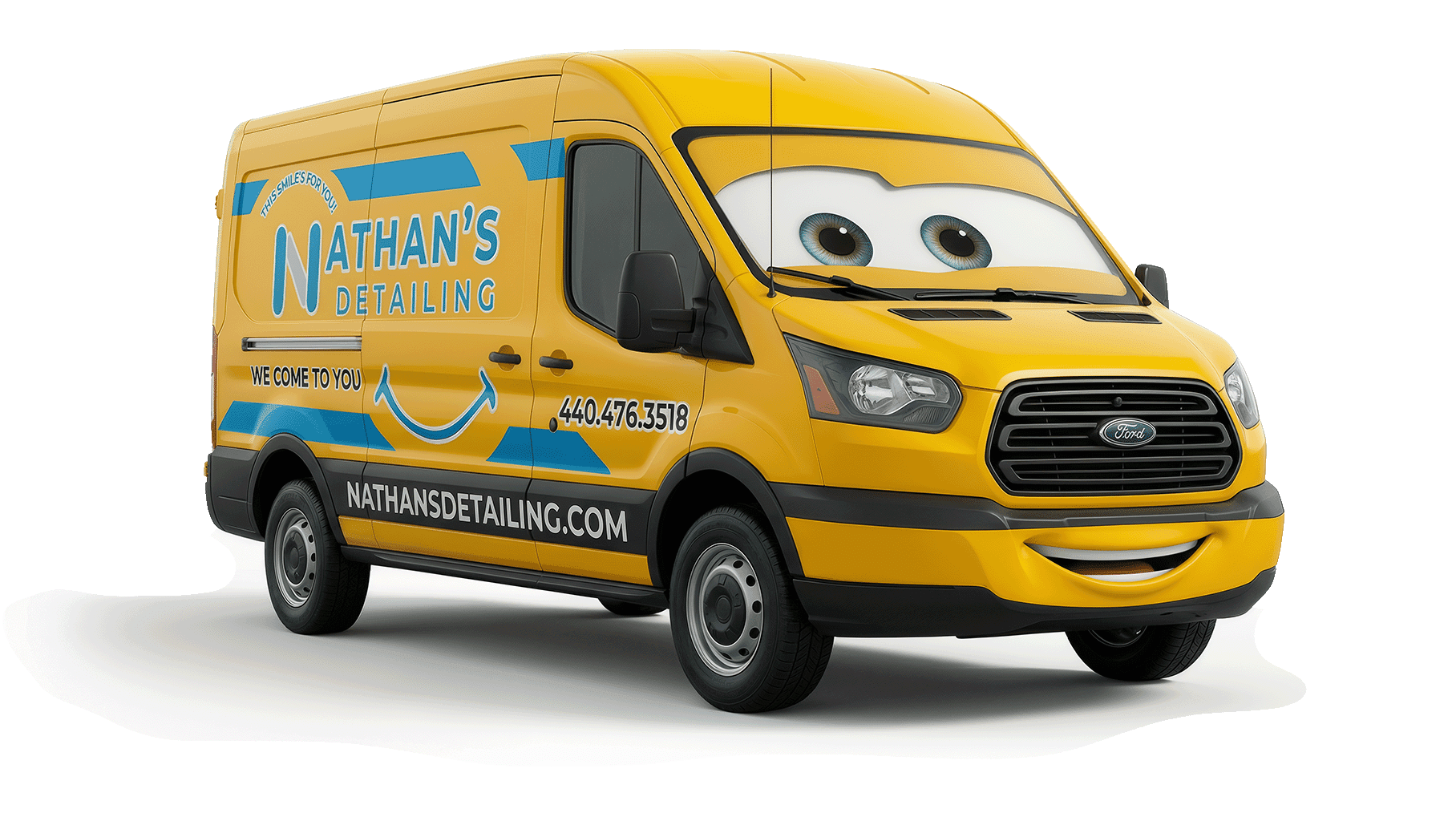 nathans detailing mobile car detailing van with a smile face on the windshield.