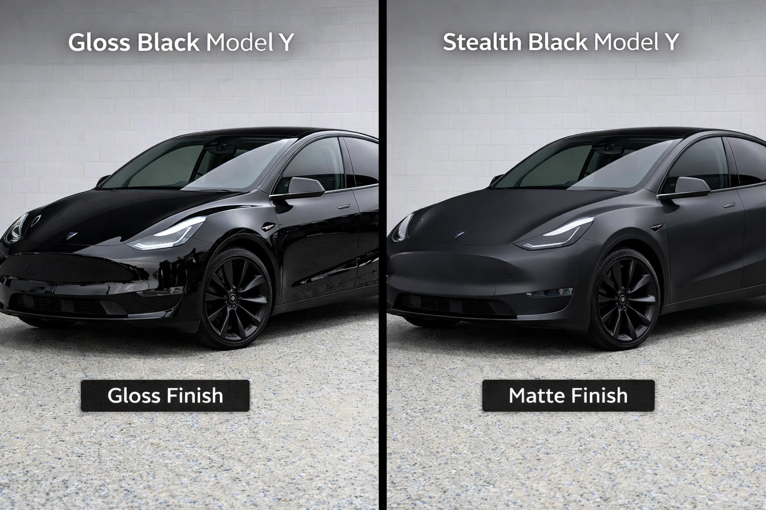 Matte Paint Protection Film Comparison to a Gloss Finish PPF giving the tesla model y a glossy look or a stealth finish