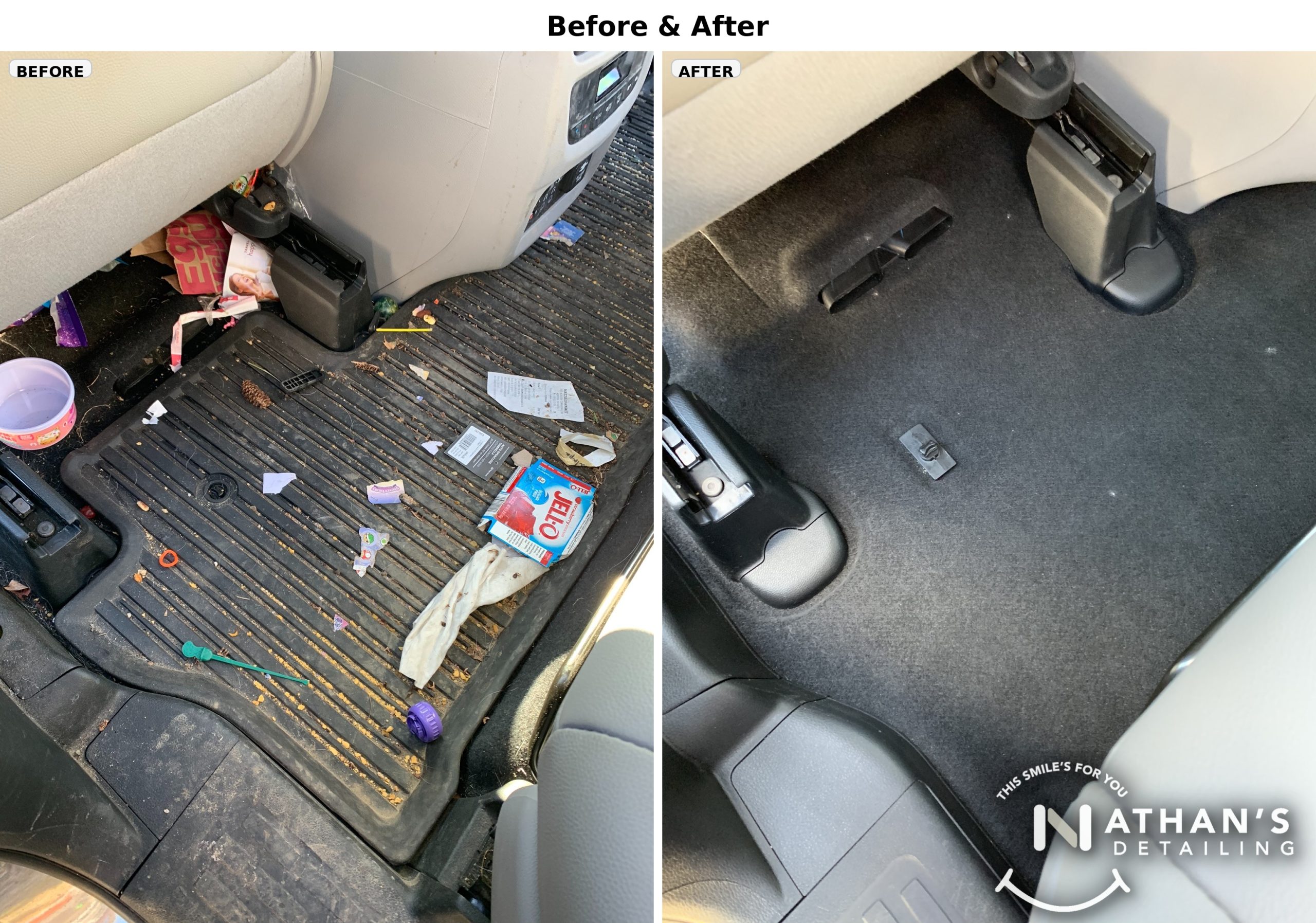 Before after rear floor mat detailing during mobile detailing
