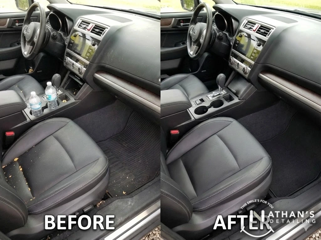 Side-by-side view of a cars front interior. The left side labeled BEFORE shows crumbs and two water bottles. The right side labeled AFTER shows a clean, tidy interior with no crumbs or bottles.