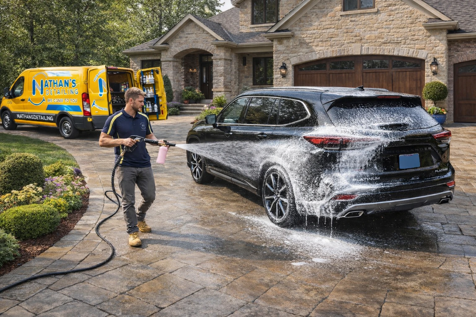 A man is washing a black SUV with a high-pressure hose and foam outside a large house. A yellow Nathan’s Detailing van is parked nearby with its doors open, and there are trees and landscaping in the background.