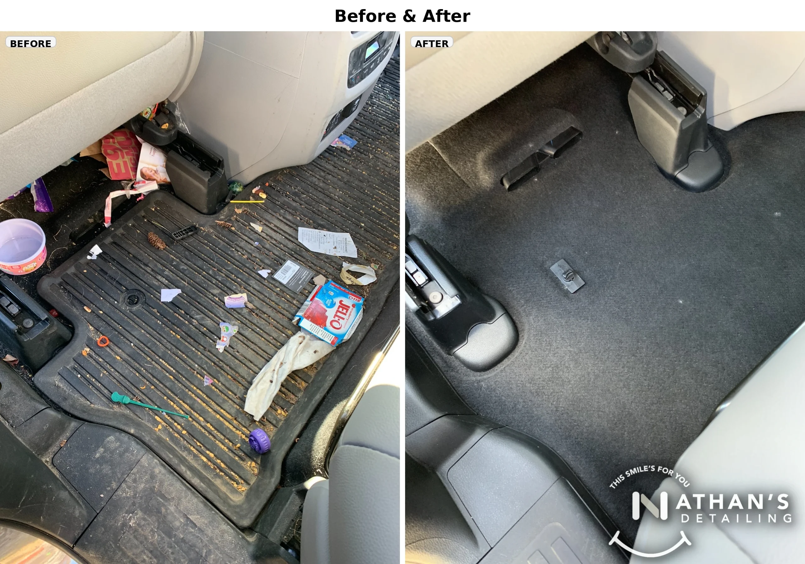 Before and after detailing of a rear car floor mat, showcasing deep dirt and salt removal.