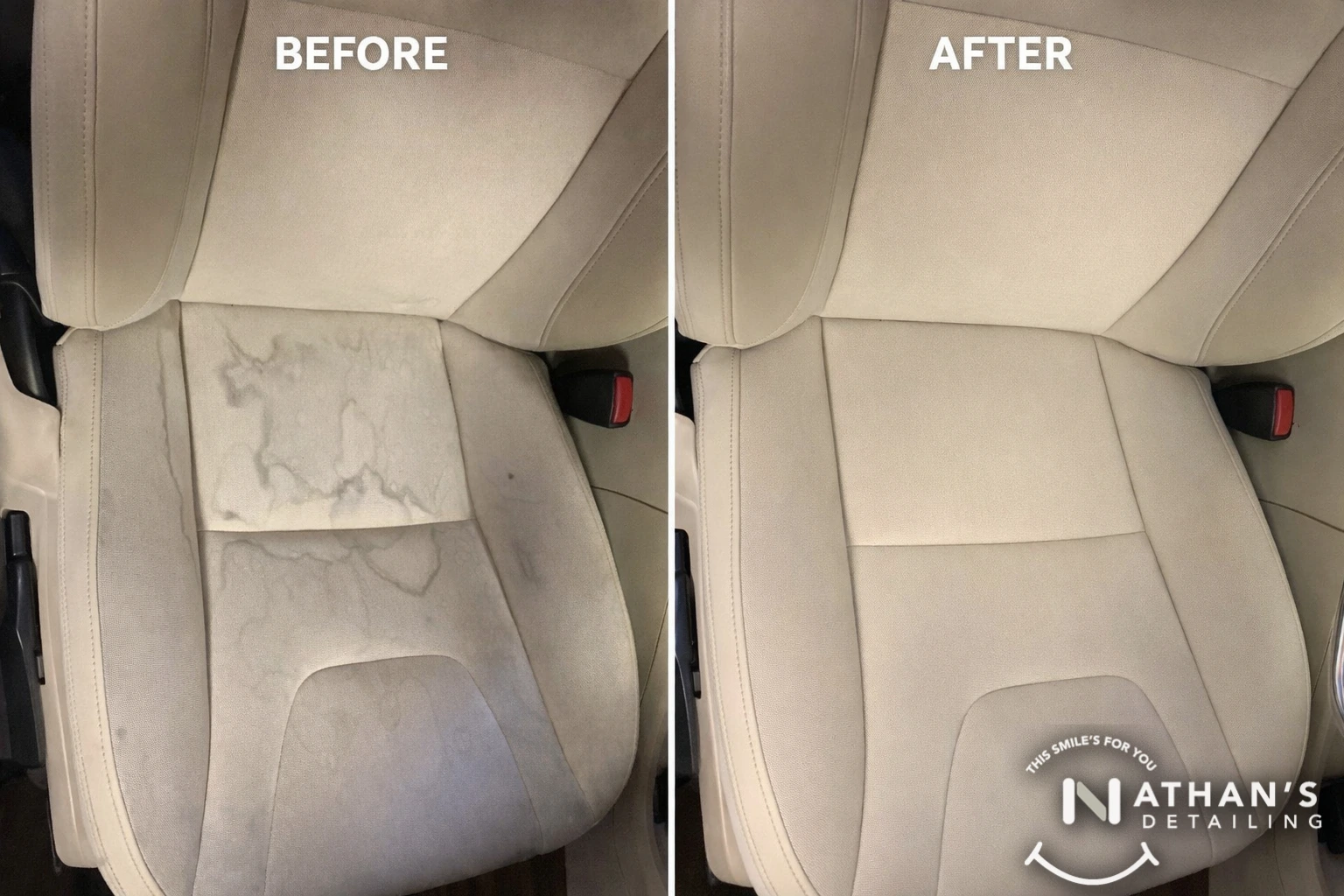Before and after comparison of deep stain removal on a car seat using hot water extraction.