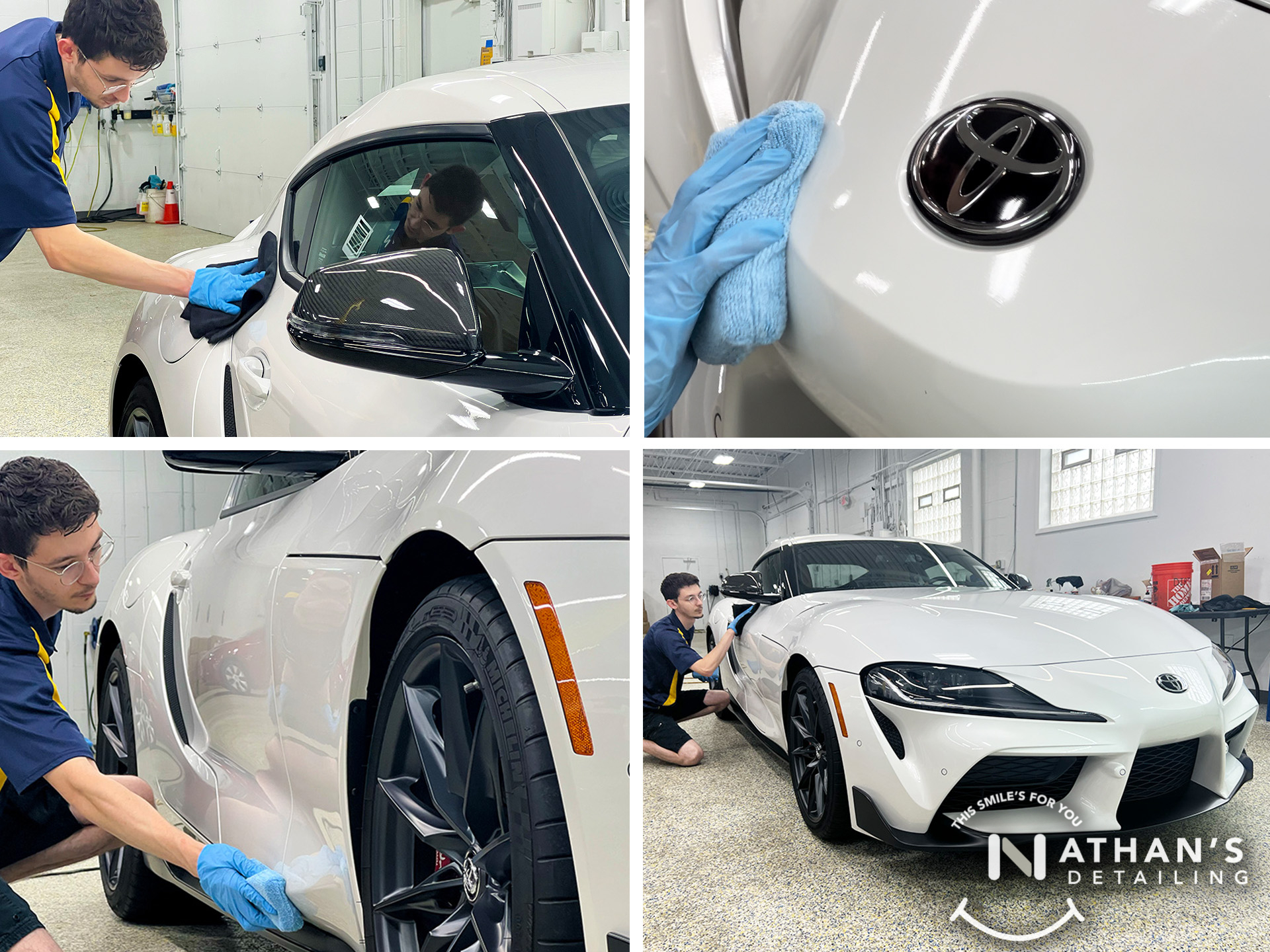A person in blue gloves carefully cleans and polishes a white Toyota sports car inside a detailing shop. Close-ups show them wiping the car’s exterior and logo. The Nathan’s Detailing logo appears in the lower right corner.