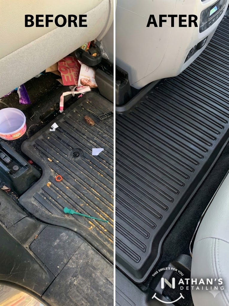 Floor mat cleaning before after during mobile detailing