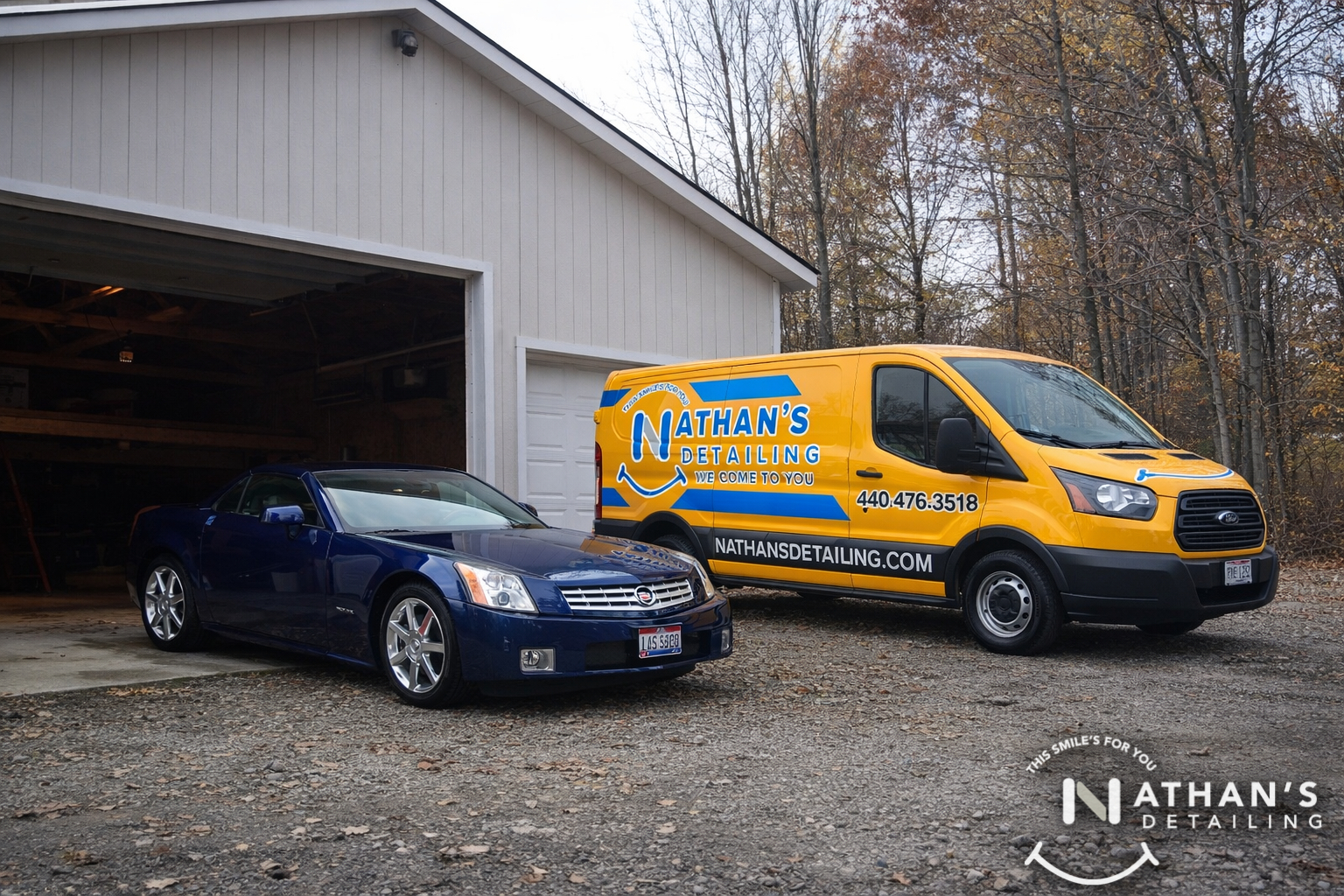 Mobile detail van beside blue convertible during mobile detailing in Hudson