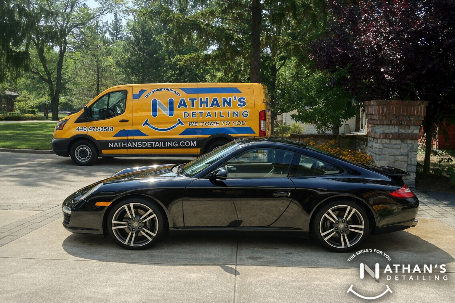 Porsche coupe shine with detailing van during mobile detailing