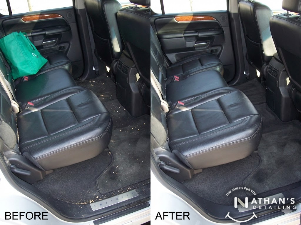 Rear seat detail before after during mobile detailing