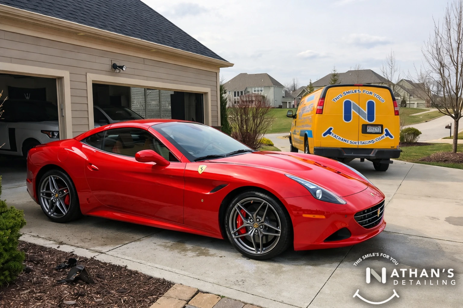 High-gloss finish on a red sports car after a mobile exterior detail at the client’s home.