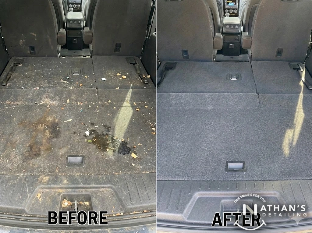 Split view of a car trunk: the left side labeled Before shows a dirty, stained carpet; the right side labeled After shows the same area cleaned and spotless, with fresh-looking carpet.
