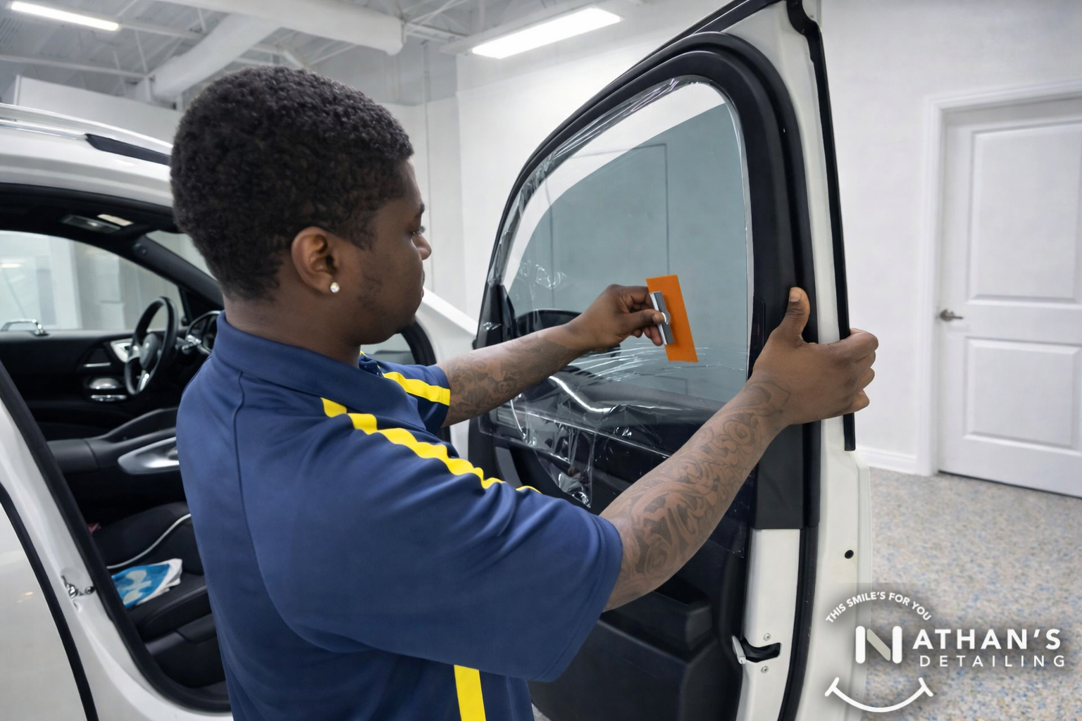 Technician applying window tint to an SUV door window with an orange squeegee.