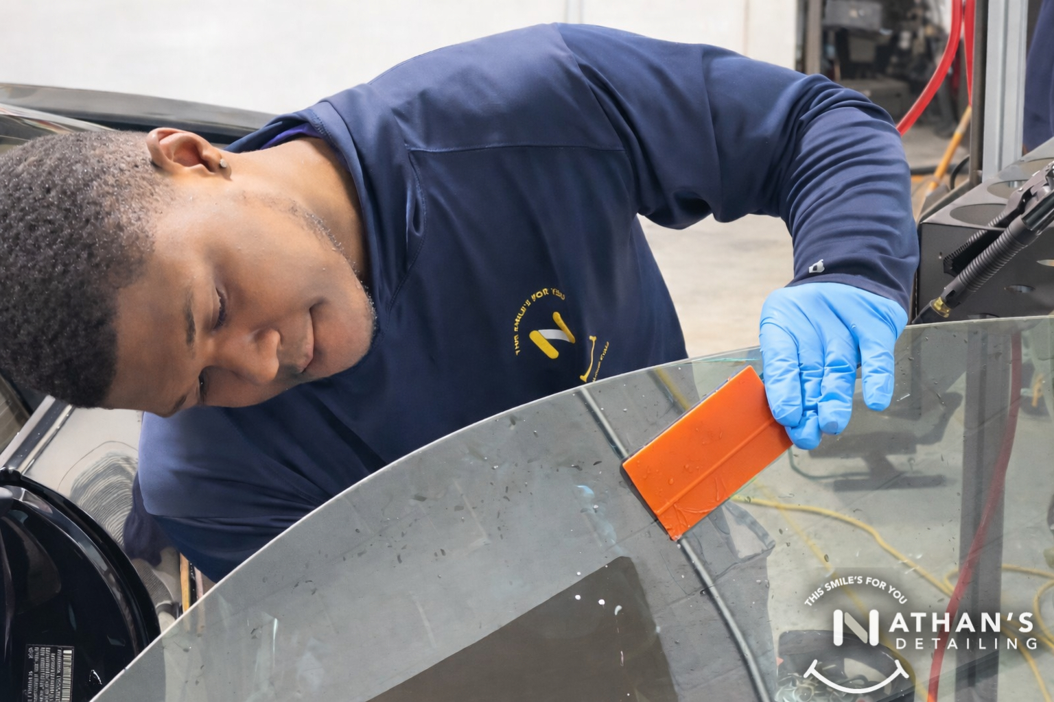 Technician smoothing window tint film on a wet car window with an orange squeegee.