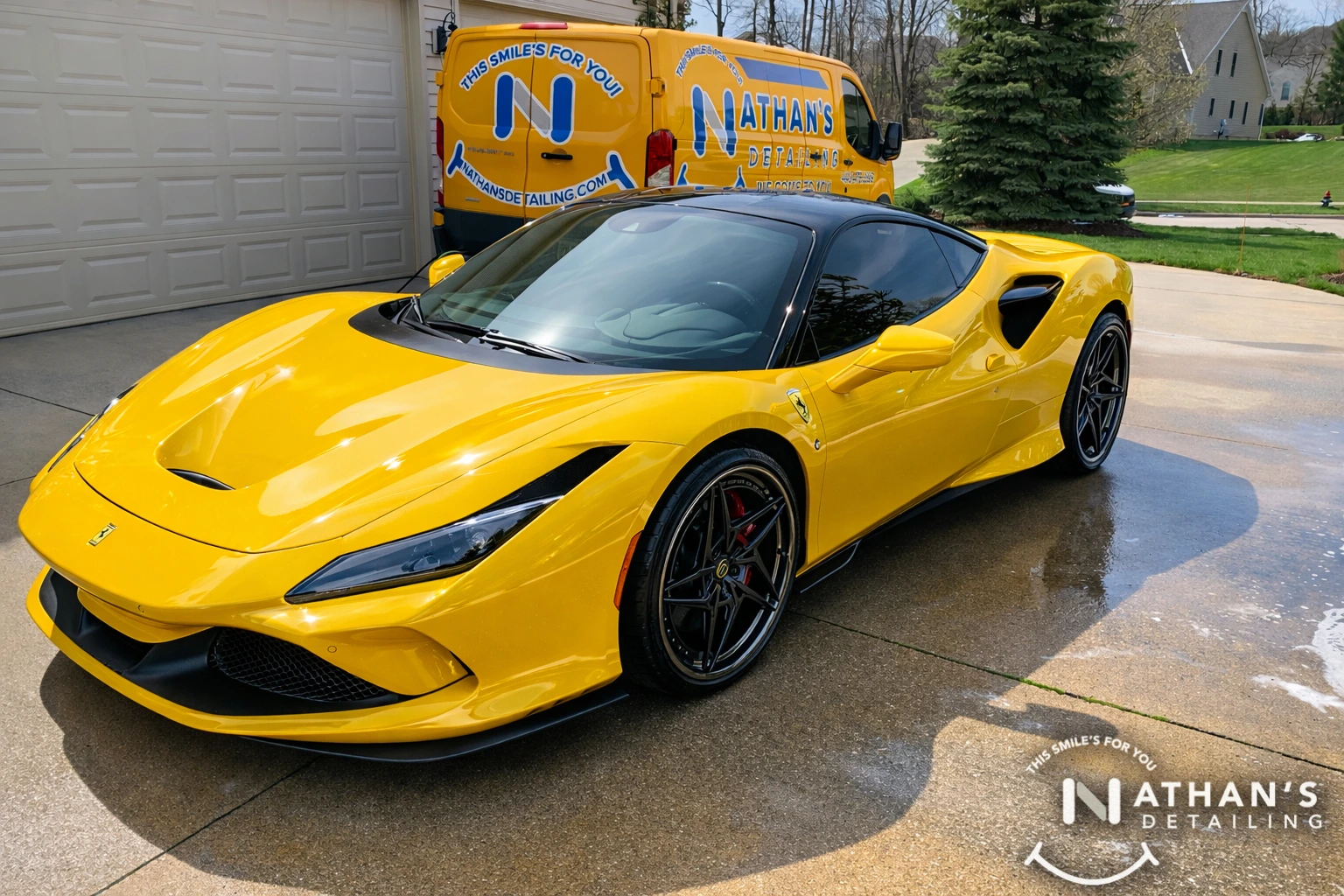 Yellow supercar freshly detailed in driveway during mobile detailing