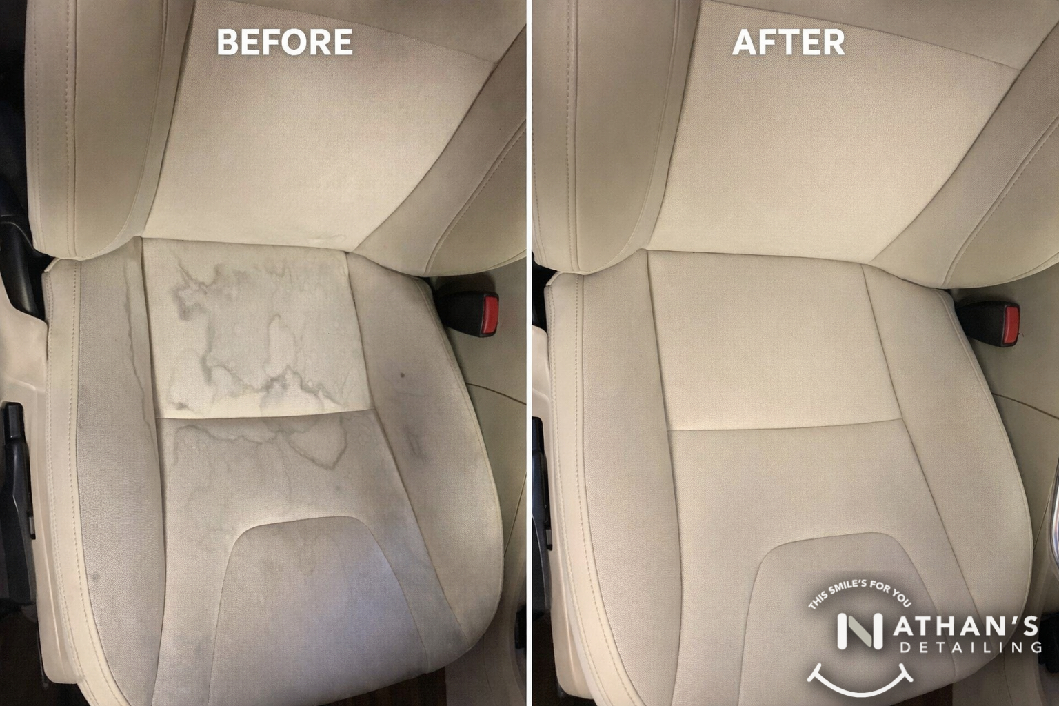 Before after car seat stain removal during mobile detailing in Aurora