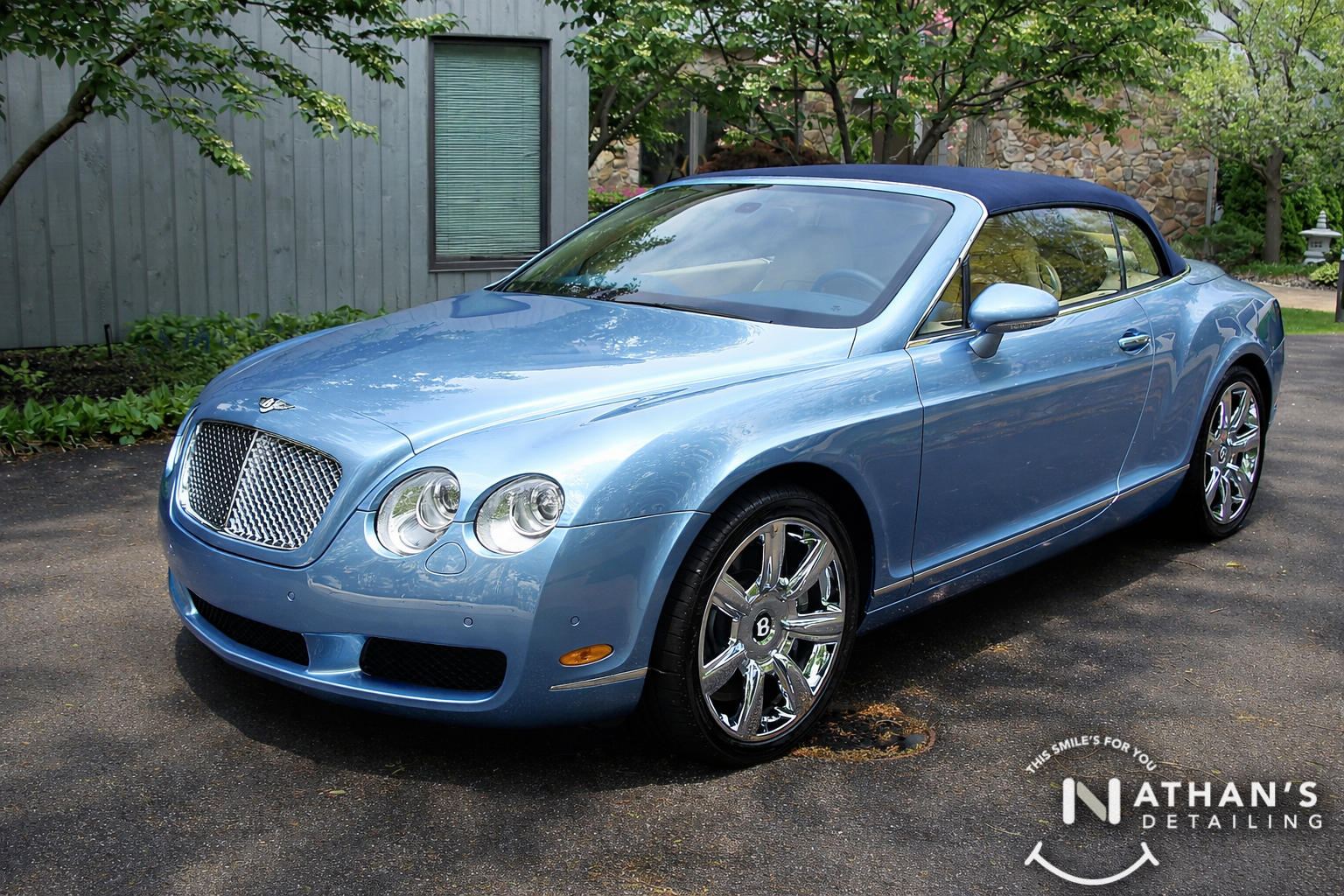 Blue convertible polished exterior during mobile detailing