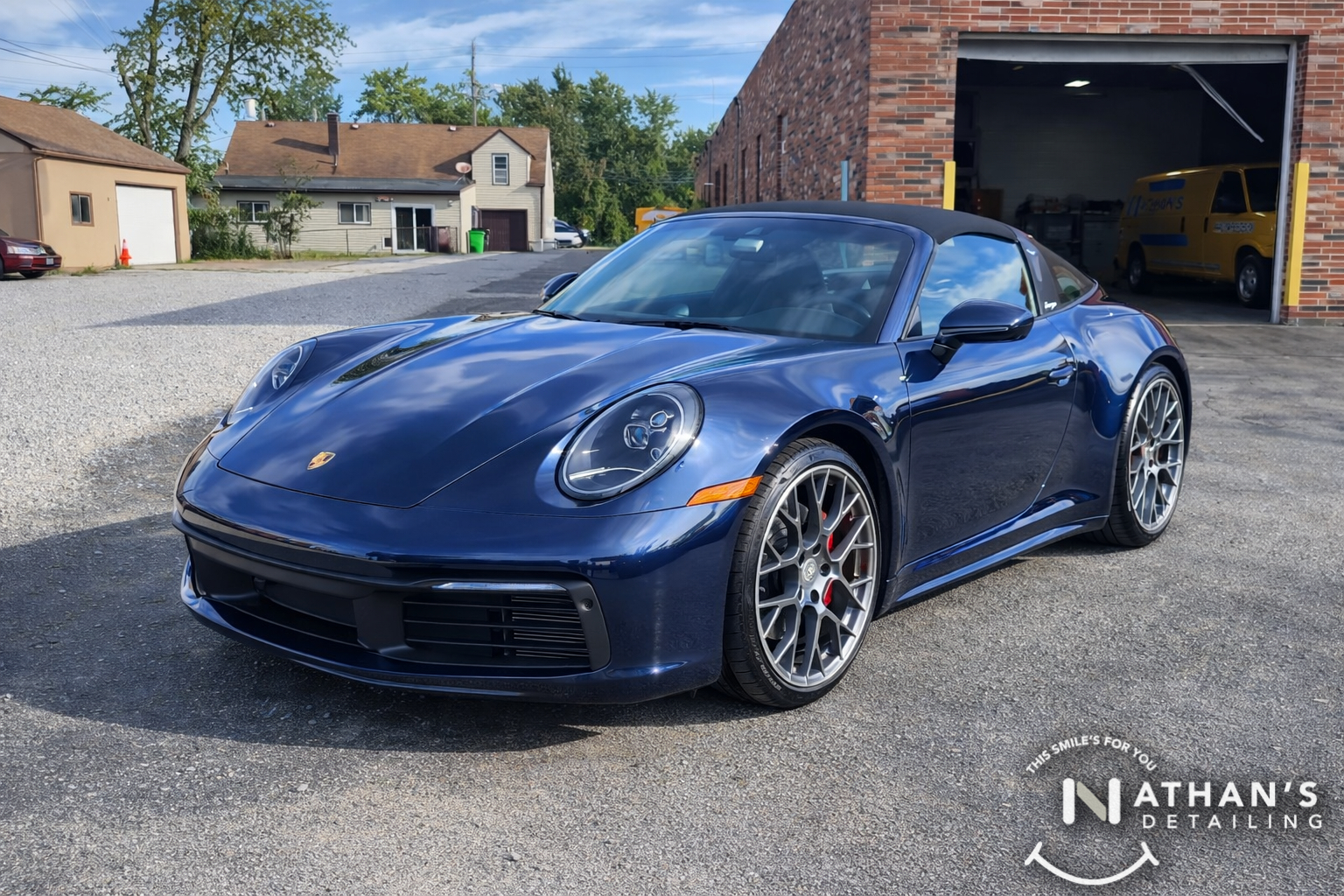 Blue Porsche 911 photographed outside with paint protection film protection.