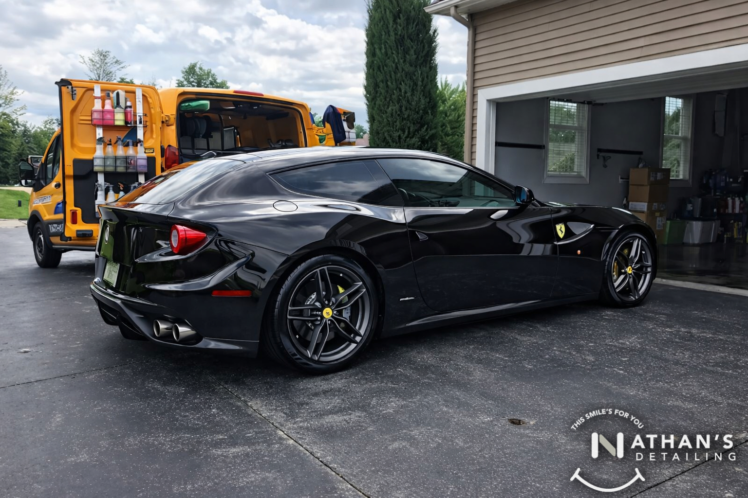 Detail van open doors beside black ferrari during mobile detailing