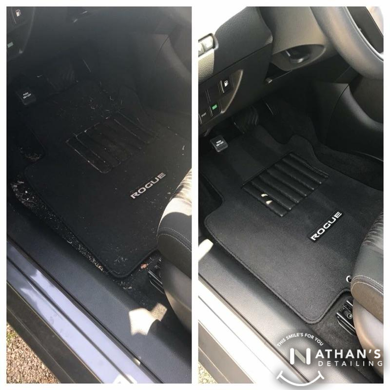 Driver footwell detail before after during mobile detailing in Shaker Heights