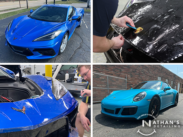 Collage showing paint protection film work and finished vehicle results.