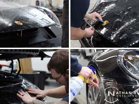 Collage of close-up paint protection film installation steps on a Porsche.