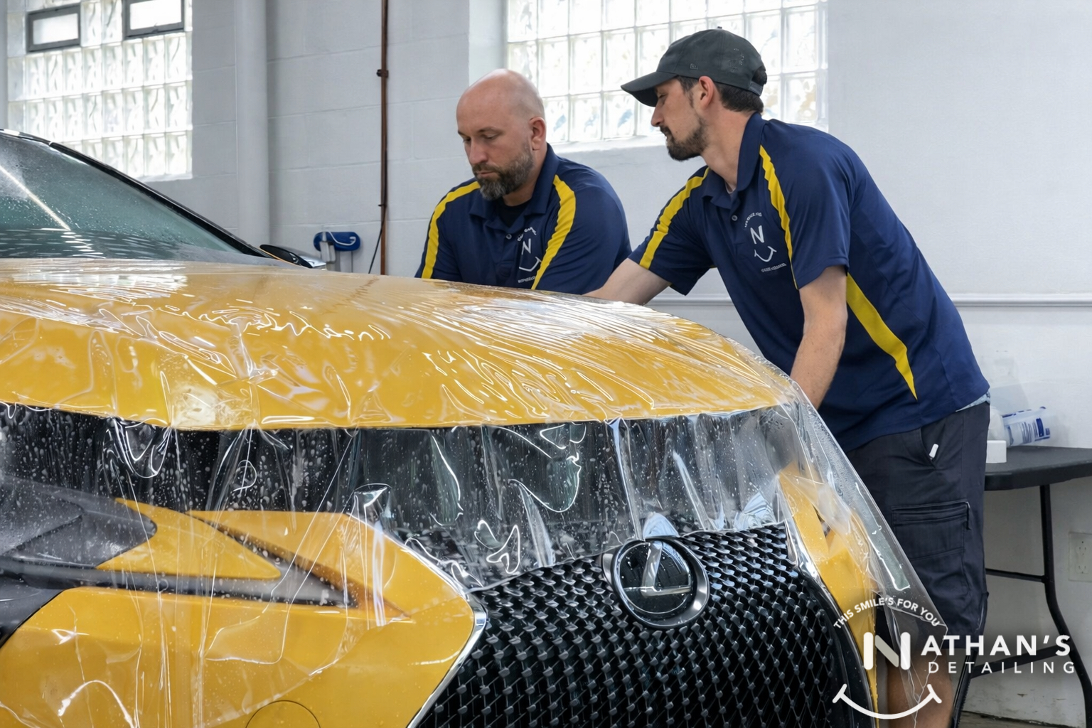 Two technicians laying paint protection film over the front of a yellow sports car.