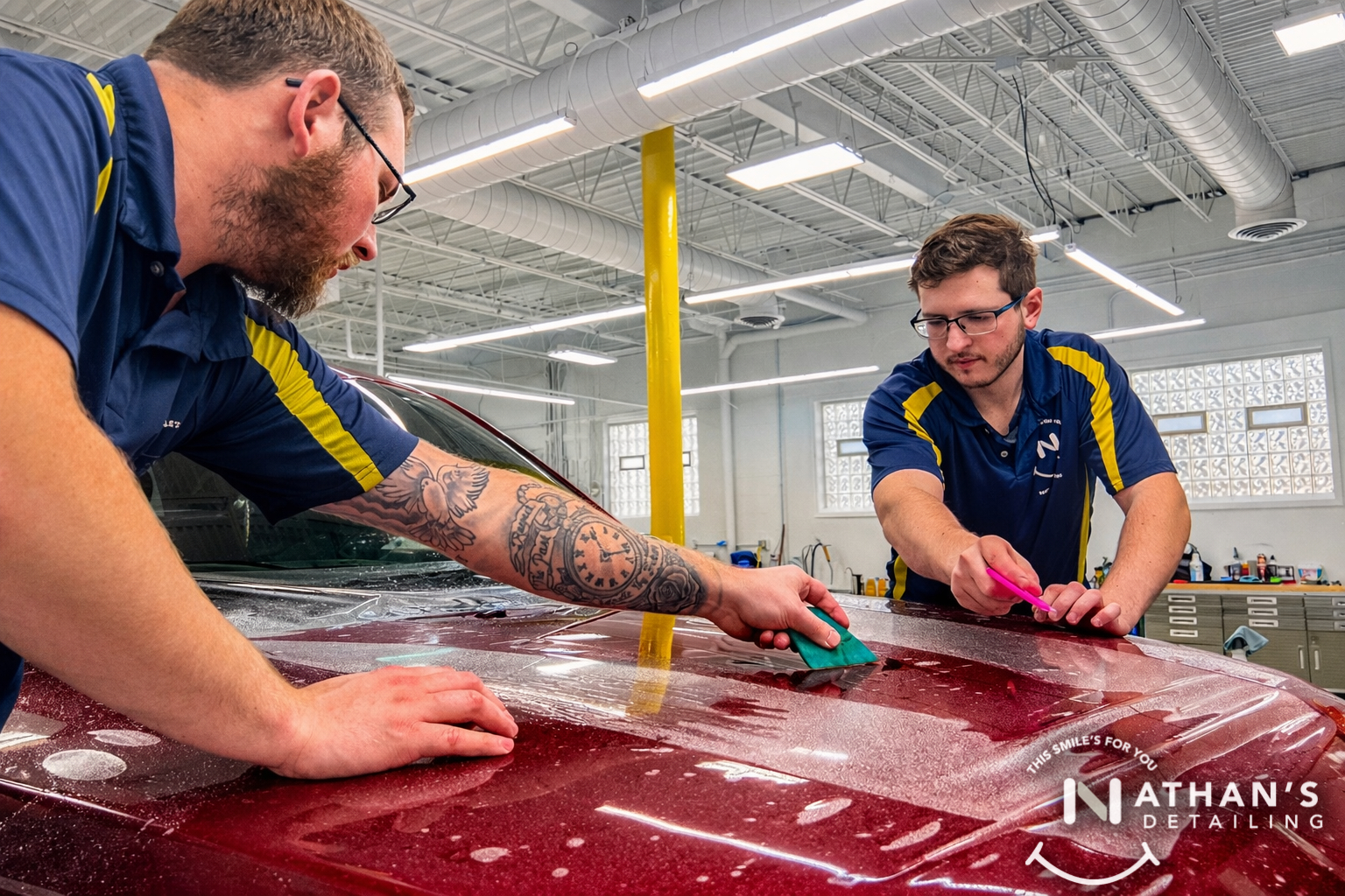 Two installers squeegeeing paint protection film on a red painted panel.