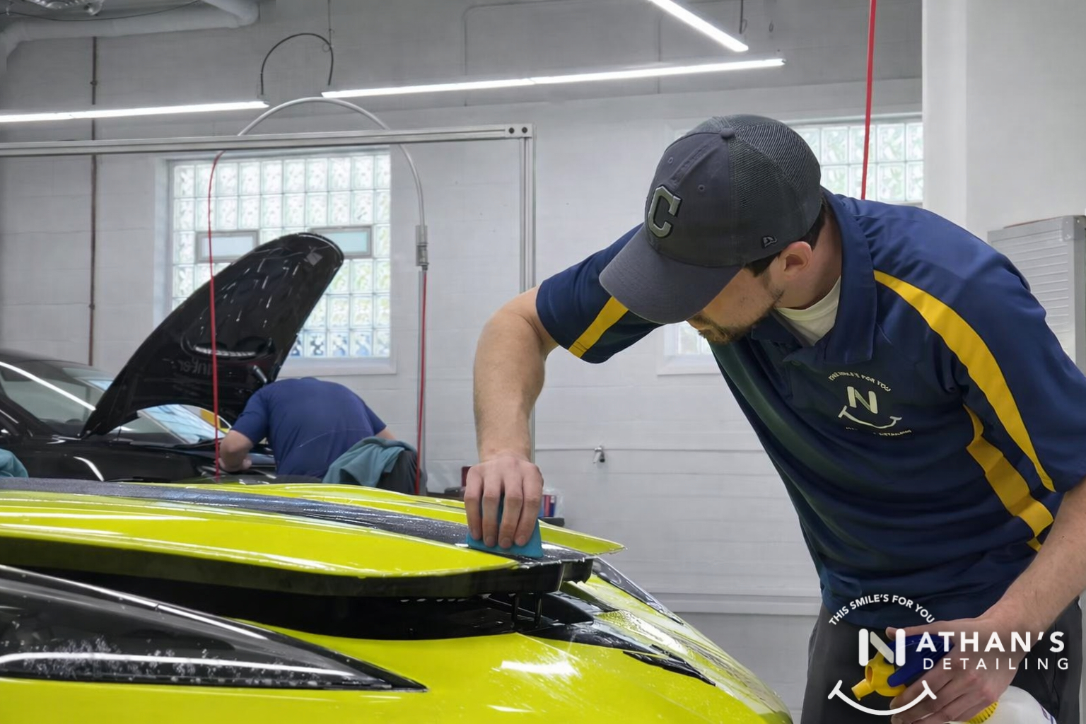 Technician trimming and smoothing paint protection film on a yellow hood in Canton, Ohio.