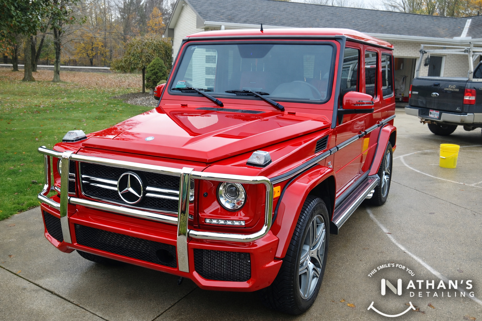 Red g wagon detailed front three quarter during mobile detailing in Warrensville Hts