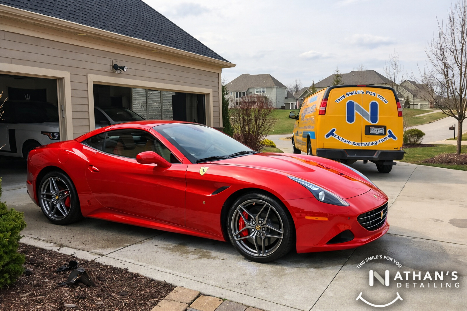 Red sports car clean finish at home during mobile detailing