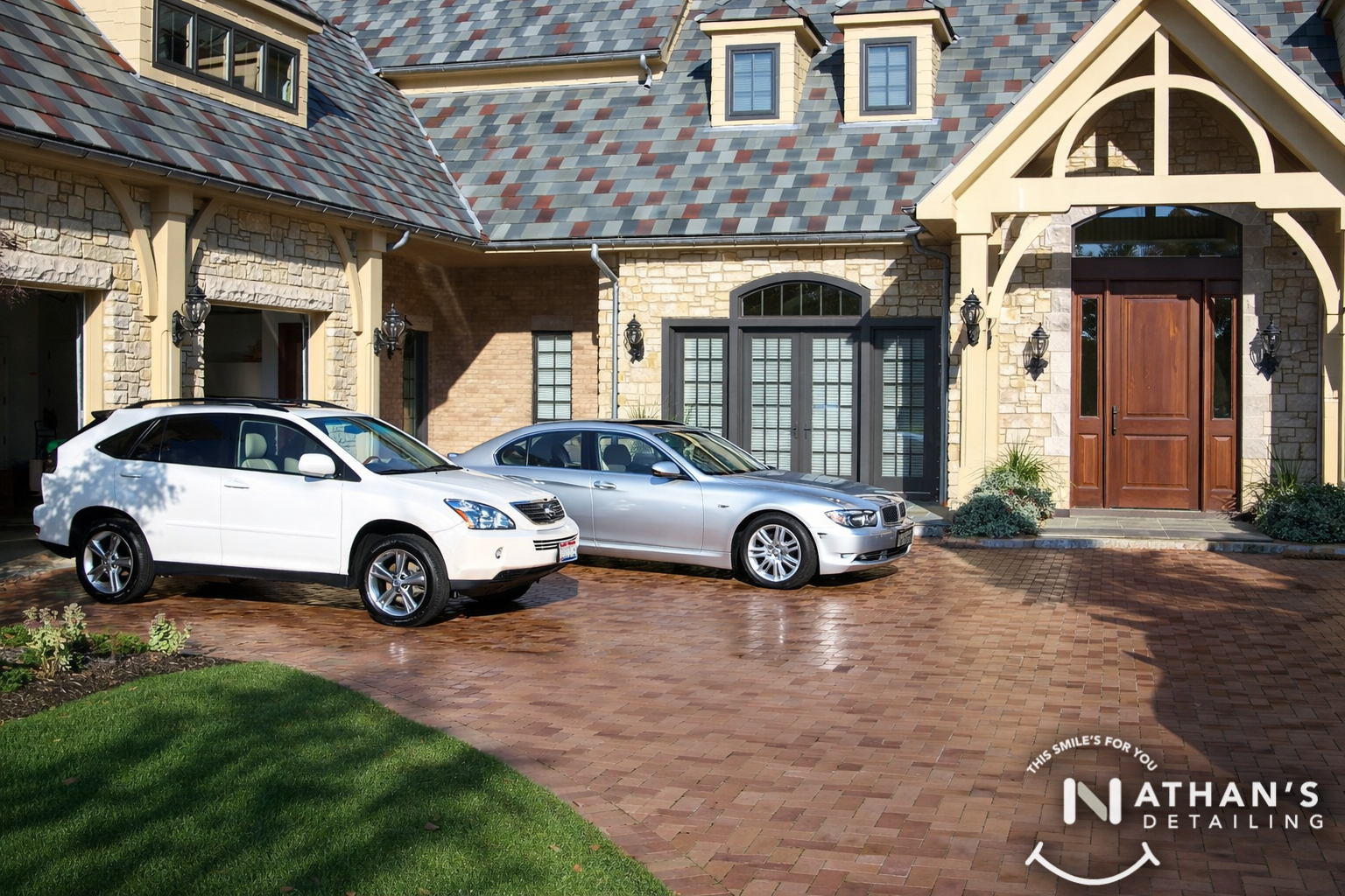 Two cars freshly washed on brick driveway during mobile detailing