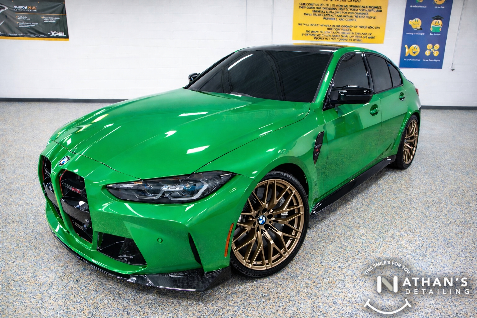 bright green bmw m4 with dark window tint completed in bright studio