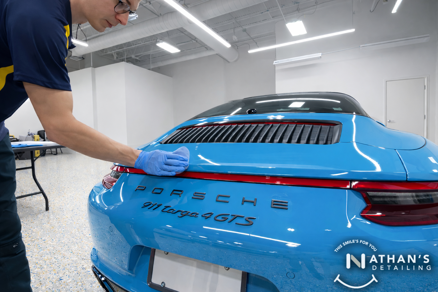 Detailer wiping down the rear of a blue Porsche after ceramic coating.