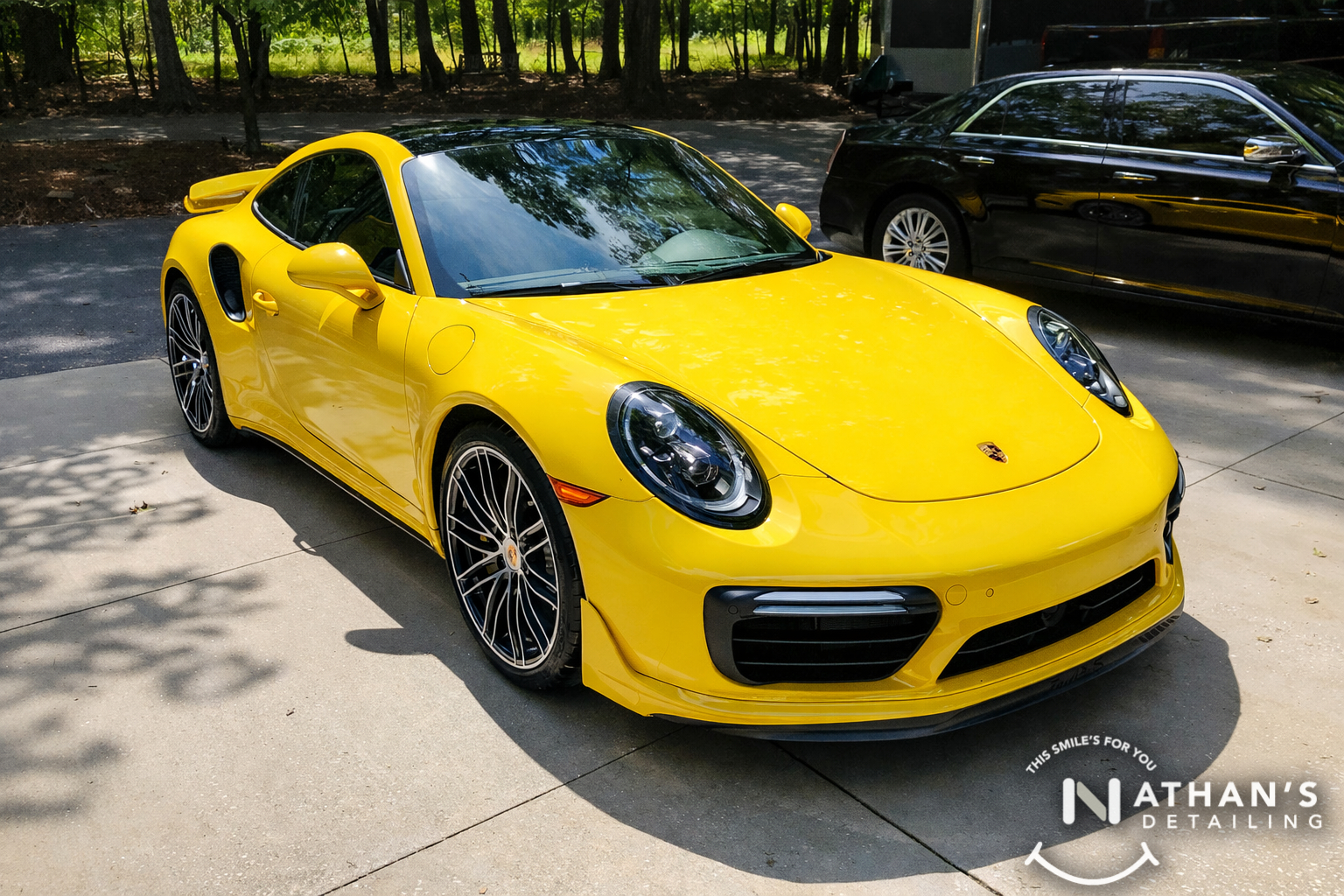 Yellow coupe glossy exterior after detail during mobile detailing