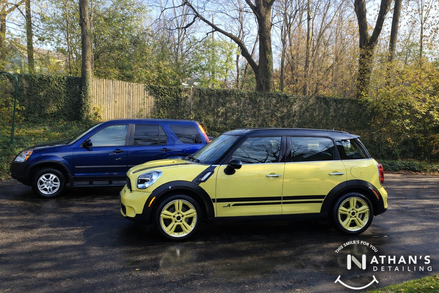 Yellow mini parked after mobile detail during mobile detailing