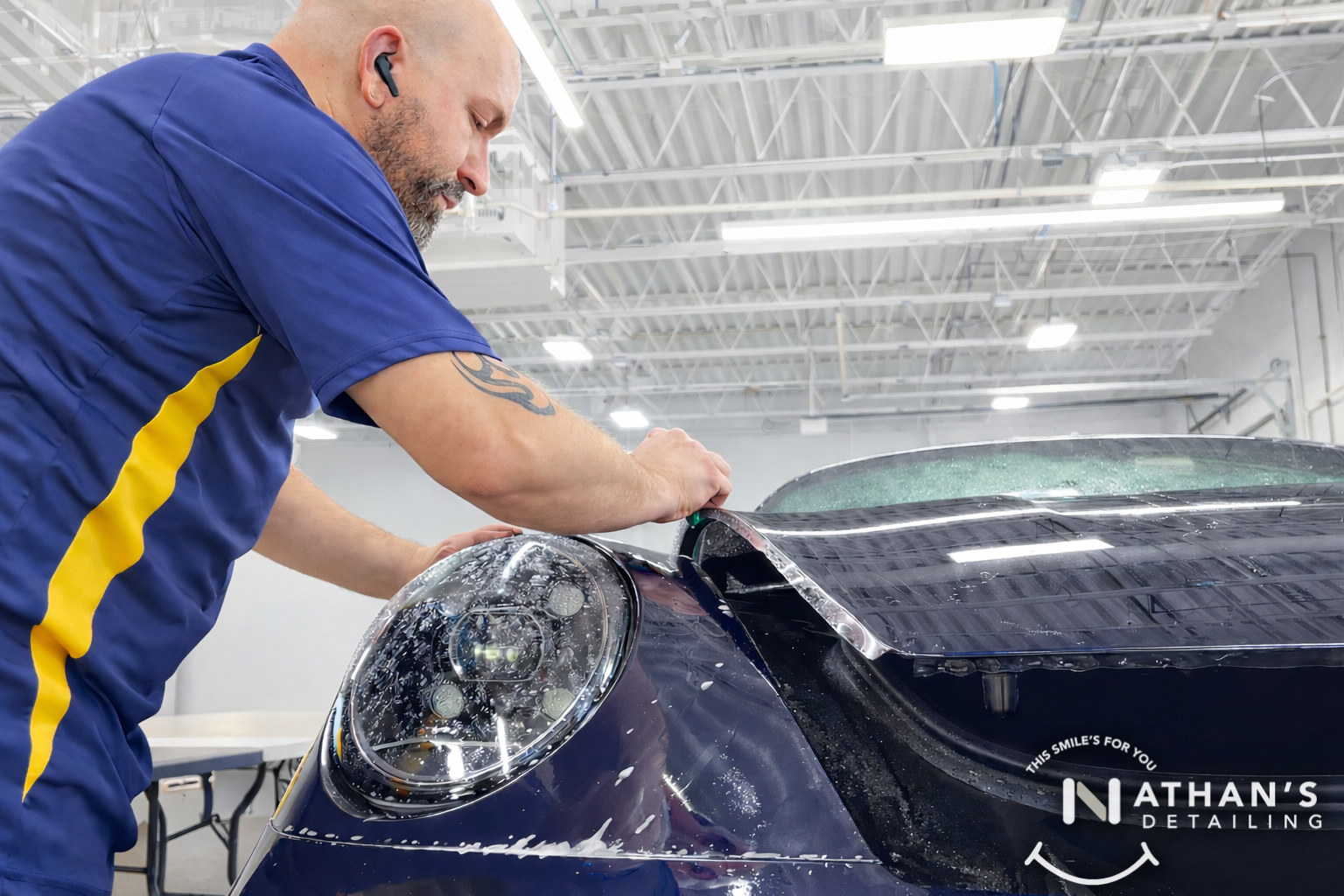 Paint protection film near Mentor, Ohio — PPF install process on a Porsche hood for long-term protection.