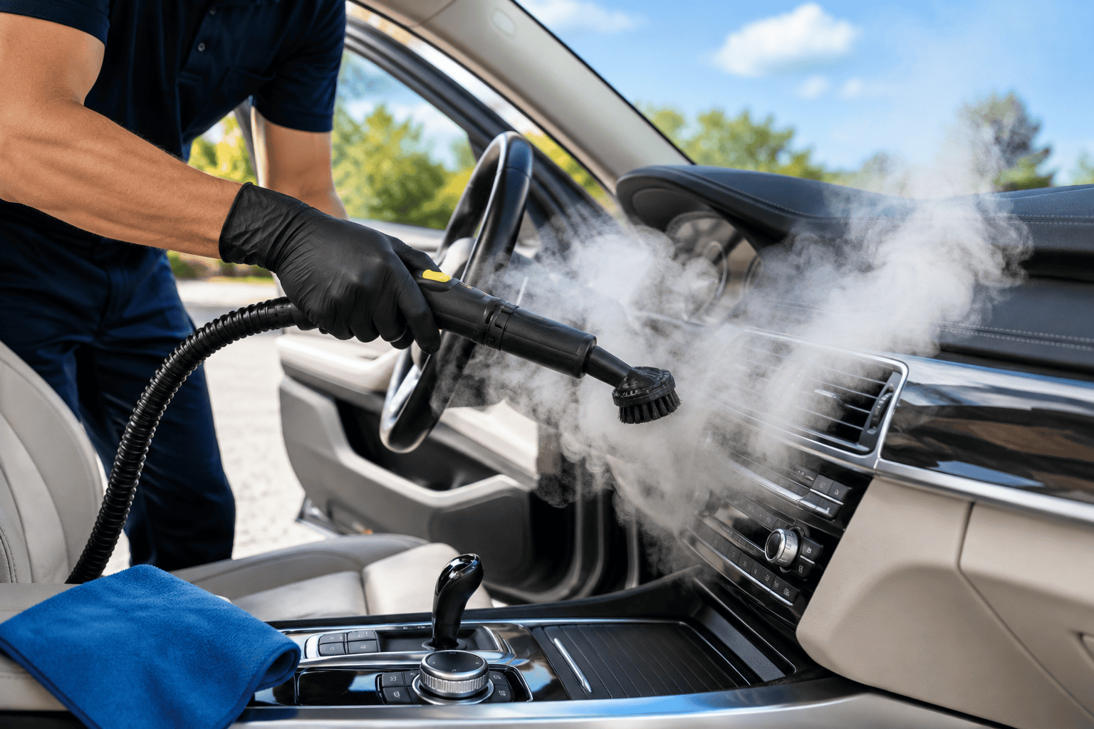 Steam cleaning interior of a car in Cleveland, Ohio by Nathan's Detailing.