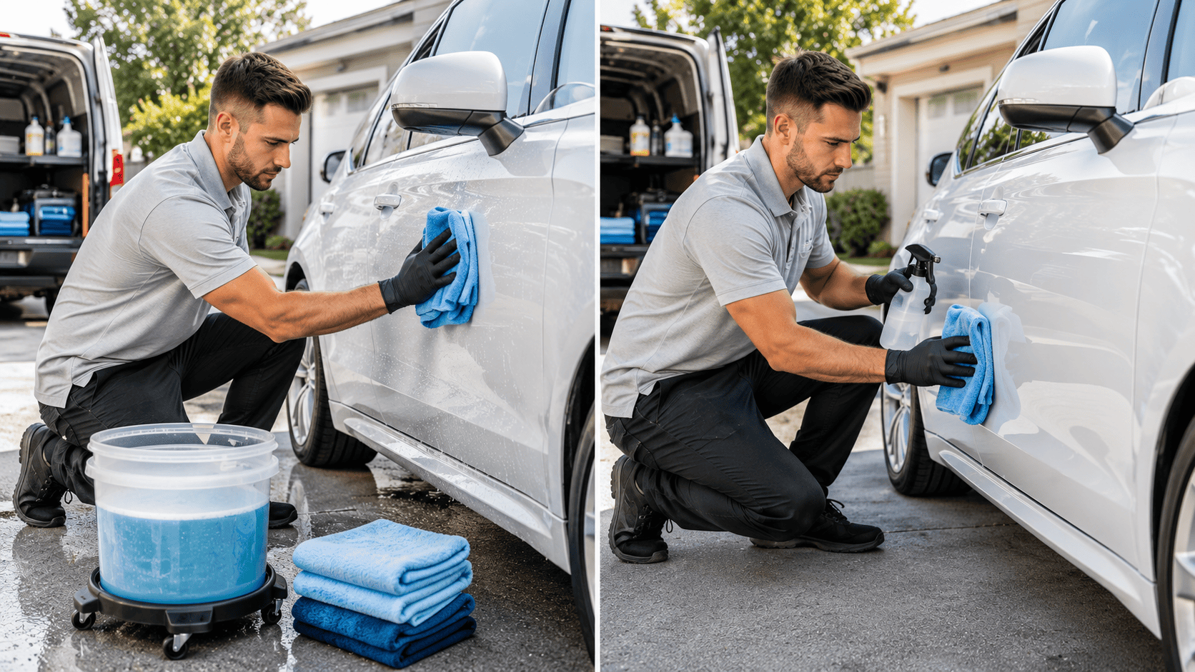 Mobile car detailing in Cleveland, Ohio with a man cleaning a silver SUV.