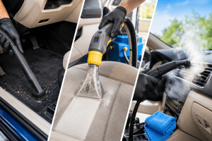 Car interior cleaning with vacuum, extractor, and steam cleaner in Cleveland Ohio.