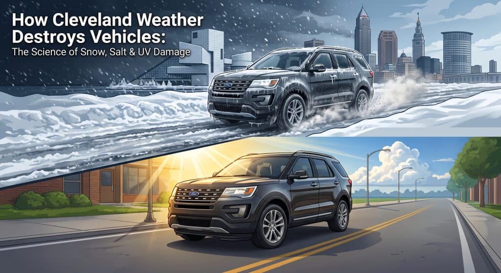 SUV driving through snow and salt damage in Cleveland, Ohio.